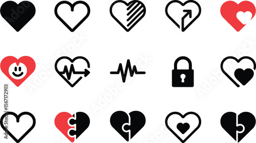 Display of varied heart icons represents love, affection, and romance through designs ready for Valentine's Day, wedding graphics or health symbol