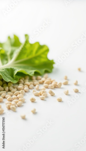 close up of lettuce seeds scattered evenly over a smooth white background, using soft focus edges for depth.