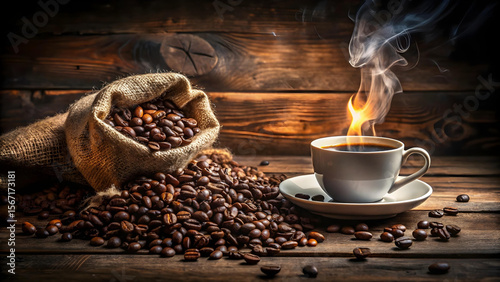 A burlap sack of coffee beans spills onto a wooden table next to a steaming cup of coffee