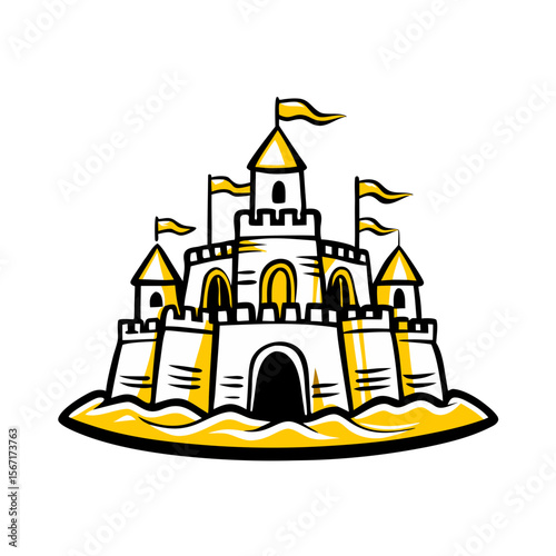 Sandcastle illustration with flags on a beach background  