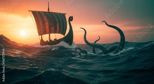 Wallpaper Mural Viking longship battling a monstrous kraken in a dramatic sunset sea. Torontodigital.ca