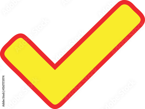 Bright yellow check mark with a bold red outline on a white background
