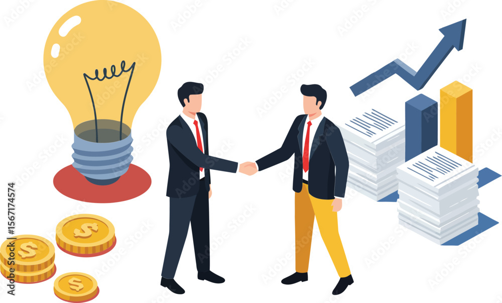 Business agreement handshake with light bulb idea and financial growth chart vector illustration Business agreement handshake with light bulb idea and financial growth chart vector illustration