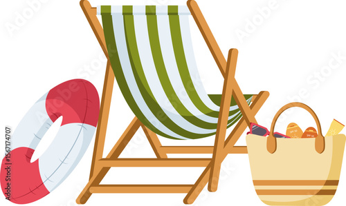 Beach chair with inflatable ring and beach bag. Summer vacation. Travel time concept. Hand drawn simple vector illustration.