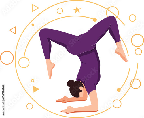 Woman performing advanced yoga headstand pose surrounded by mystical geometric shapes and symbols in purple outfit