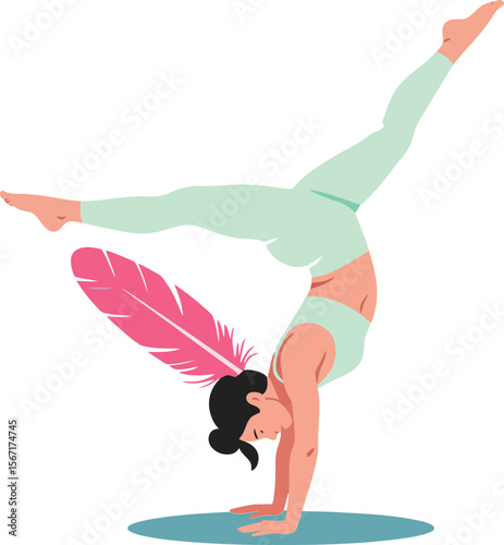 Woman performing handstand balance yoga pose fitness exercise with pink feather graphic design vector illustration
