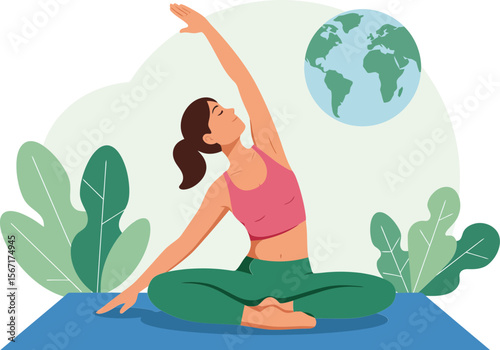 Woman practicing yoga stretching on mat with green plants and earth globe background vector illustration