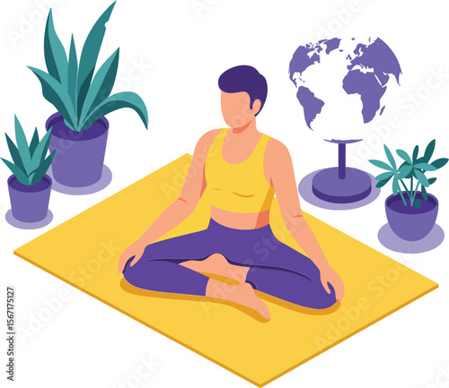 Woman practicing yoga meditation on yellow mat surrounded by green plants and globe vector illustration
