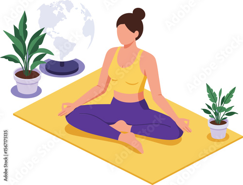 Woman practicing yoga meditation on yellow mat surrounded by indoor plants and incense smoke vector illustration