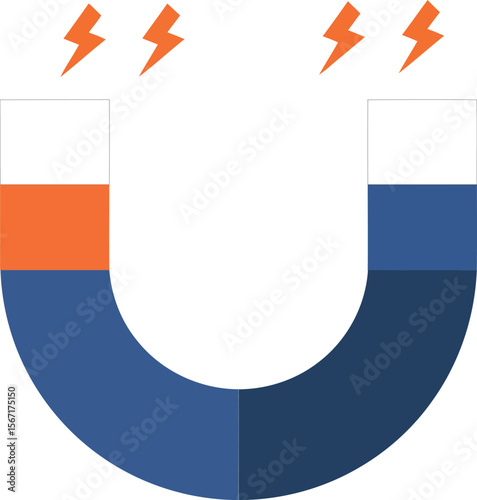 Horseshoe magnet with magnetic attraction and electric spark symbols vector illustration