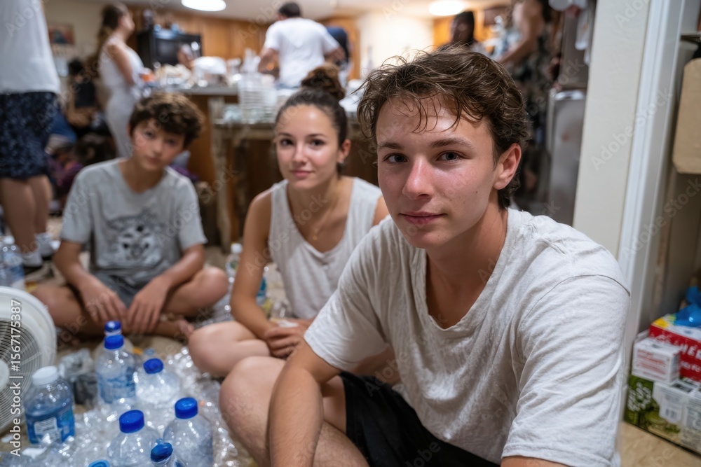 Fototapeta premium A candid capture of three teenagers seated together, reflecting a joyful, carefree moment shared among friends, with a lively and casual environment around them.