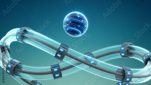 Futuristic glowing energy transfer through connected pipes and a dynamic orb display