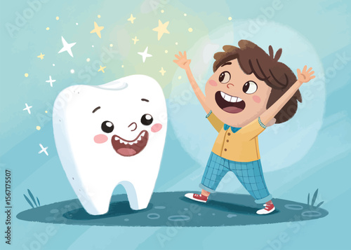 Happy child celebrates healthy tooth with dental care and good oral hygiene cartoon illustration style