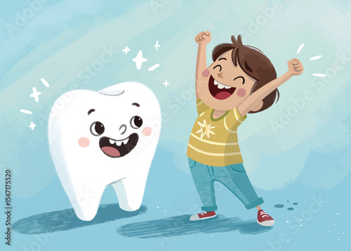 Happy kid with healthy tooth cartoon illustration for dental health and kids dental care education