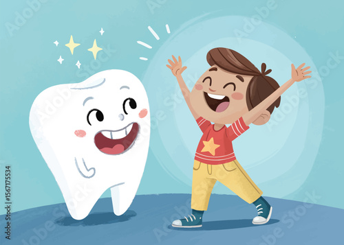 Happy cartoon tooth with smiling boy illustration for dental health and kids oral care education concept