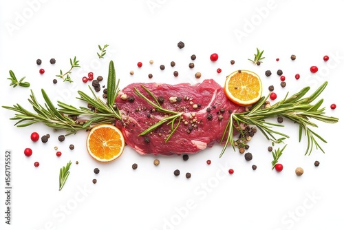 Raw steak with herbs and spices isolated on white background