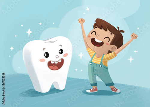 Happy healthy teeth cartoon illustration for kids dental care and oral hygiene education material design