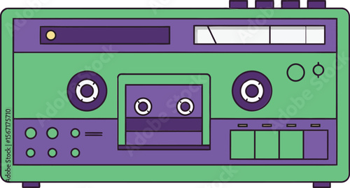 Retro cassette tape recorder with green and purple colors vintage music device vector illustration