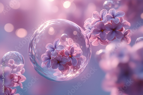  Delicate lilac flowers are beautifully encapsulated within a translucent, floating bubble.