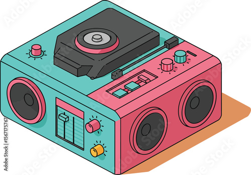 Retro styled vintage turntable music player with speakers in pink and cyan colors vector illustration