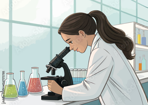 Woman scientist using microscope in lab for research and experiment illustration vector graphic image
