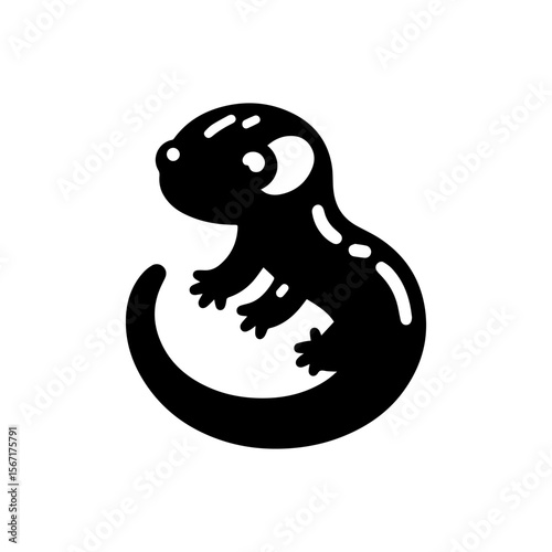 A stylized black and white illustration of a cute salamander curled up.