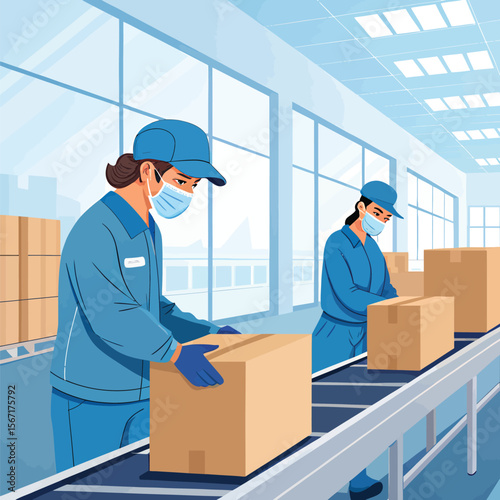 Factory workers packing boxes on conveyor belt wearing masks production line employees manufacturing industry
