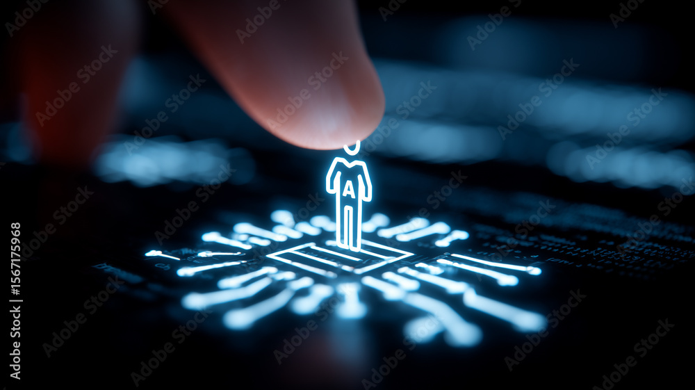 Naklejka premium Artificial intelligence personnel selection concept with a glowing human icon placed on a microchip digital circuit.