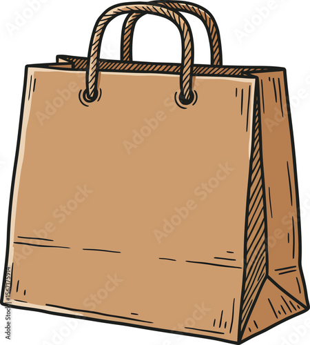 Brown paper shopping bag with rope handles isolated on white background simple retail packaging design vector illustration