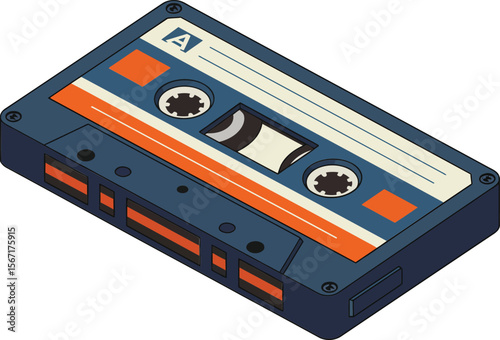 Retro audio cassette tape vector with orange and navy blue colors in isometric style for music and vintage design elements