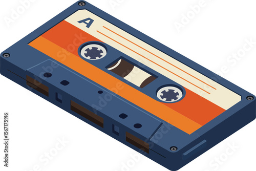 Retro cassette tape music player with dark blue and orange design vintage audio technology vector illustration