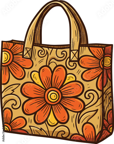 Floral patterned tote bag with orange flowers and decorative swirls stylish reusable shopping accessory