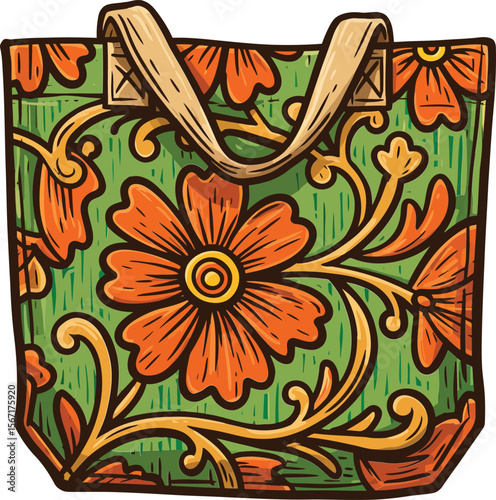 Floral patterned green and orange tote bag with vintage style elegant natural design vector