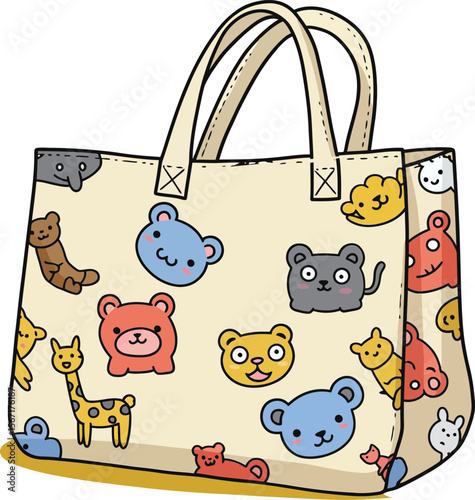 Cute animal pattern tote bag with colorful bear and cat faces for casual lifestyle accessory design vector