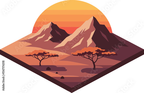 Desert landscape with mountains and acacia trees at sunset vector illustration in warm orange and brown tones