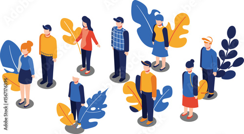 Diverse group of isometric people standing with colorful blue and orange leaves on white background vector illustration