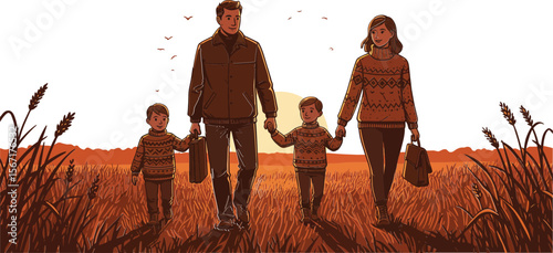 Family walking together in autumn field holding hands with warm sunset lighting vector illustration