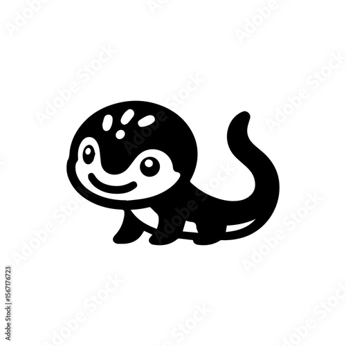 A charming cartoon illustration of a smiling, stylized salamander with a curved tail.