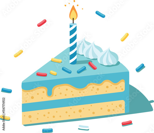 Birthday cake slice with blue icing candle and colorful confetti celebration dessert vector illustration