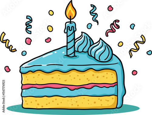 Birthday cake slice with blue icing candle and colorful confetti celebration vector illustration