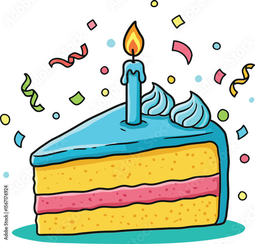 Birthday cake slice with candle and colorful confetti celebration festive dessert illustration vector