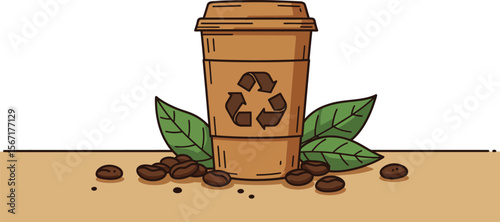 Recyclable coffee cup with eco friendly leaves and coffee beans vector illustration for sustainable lifestyle design