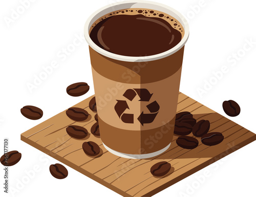 Coffee cup with recycling symbol and coffee beans on wooden coaster vector illustration for eco friendly beverage concept
