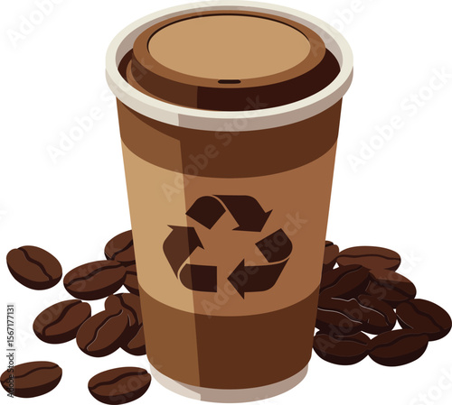 Recyclable coffee cup with coffee beans eco friendly sustainable beverage container design vector illustration