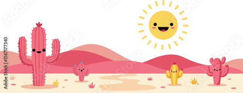 Cute smiling sun shining over pink desert landscape with colorful cactuses vector illustration