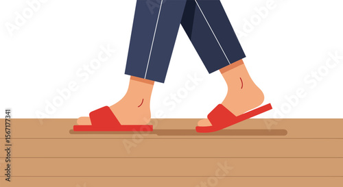 Feet walking on wooden floor wearing red slippers and blue pants vector illustration