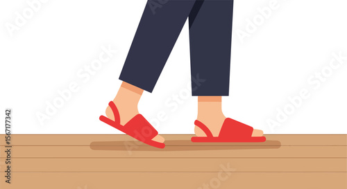 Feet walking on wooden floor wearing red sandals casual footwear style vector illustration