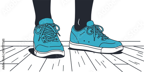 Blue sneakers with black socks standing on wooden floor vector illustration for casual footwear style and urban fashion design