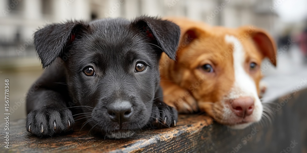 Obraz premium Two adorable puppies resting on a ledge, one black and one tan and white.