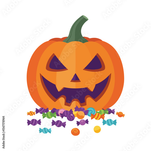 Halloween pumpkin with mischievous face and colorful candies below  